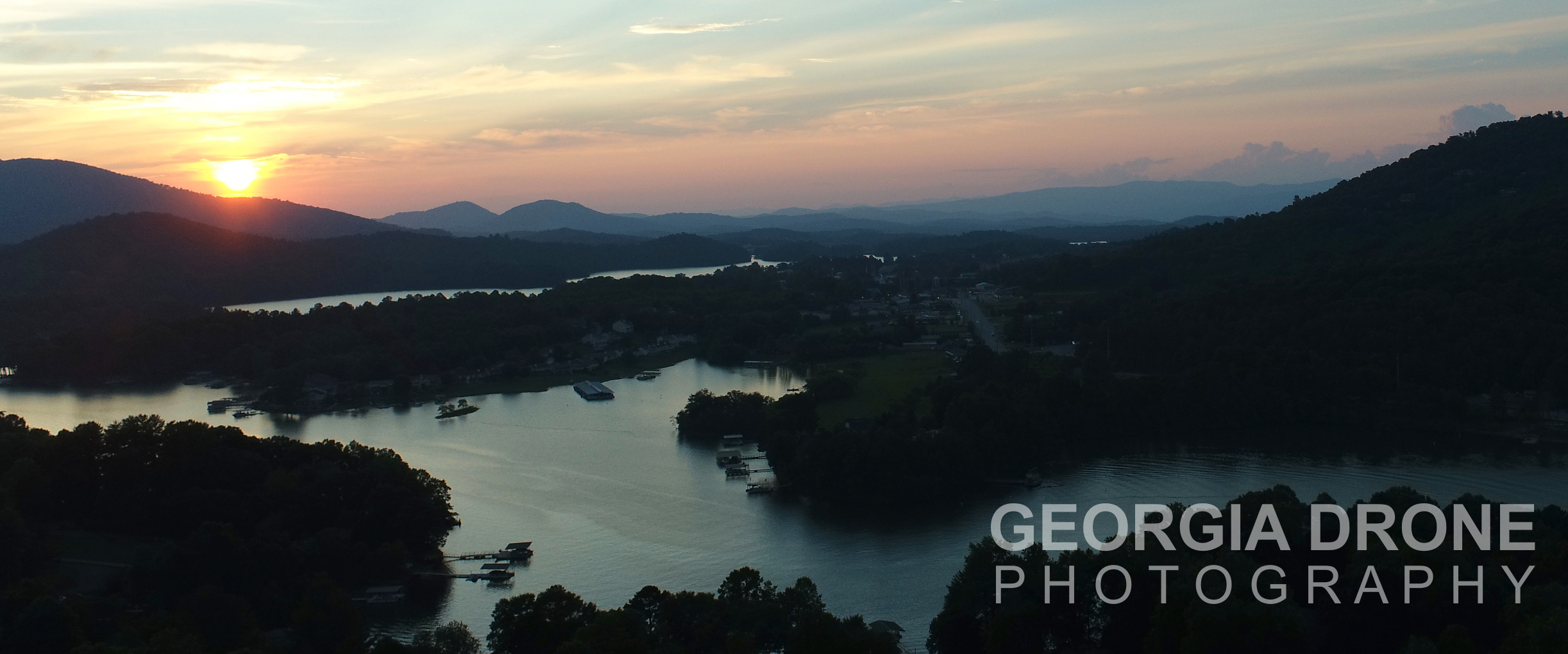 drone photography hiawassee brasstown bald tower sunset over lake chatuge